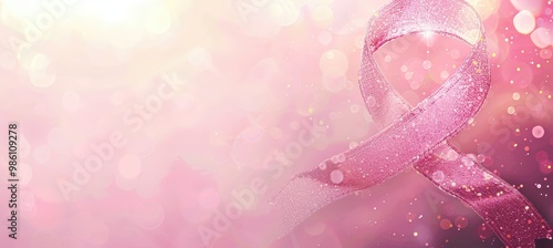 Elegant Breast Cancer Awareness Poster with Sparkling Pink Ribbon on Pastel Background for Design Projects