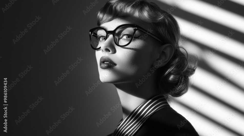 Close-up of a woman's face in black and white, wearing glasses, looking up. Close-up of a woman's face in black and white, wearing glasses, looking up.