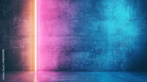 A vibrant neon-lit wall with pink and blue tones creates a futuristic atmosphere, perfect for artistic backgrounds and events.