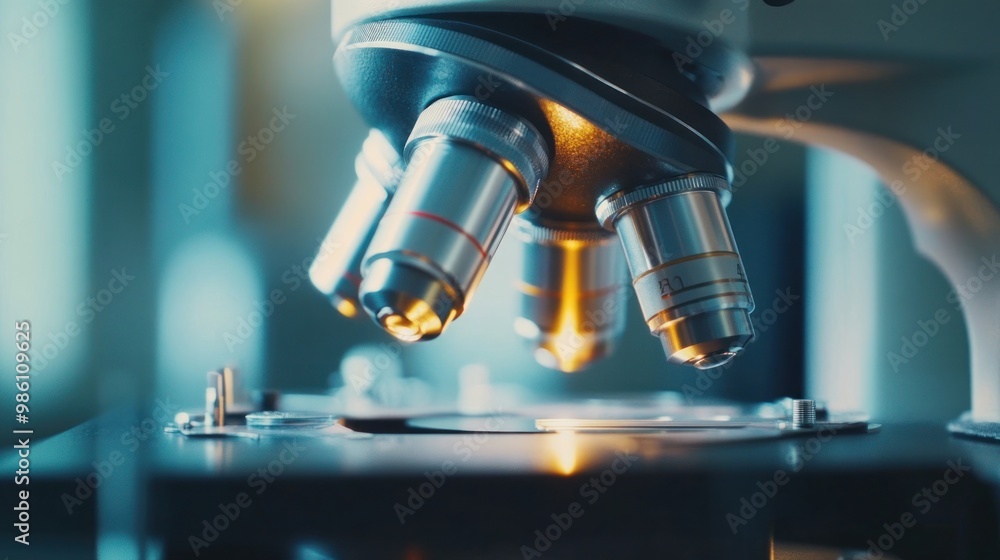 Close-up of a microscope, highlighting its lenses and stage for scientific observation. Close-up of a microscope, highlighting its lenses and stage for scientific observation.