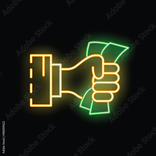 Neon sign of a businessman hand firmly holding a bunch of banknotes on a black background