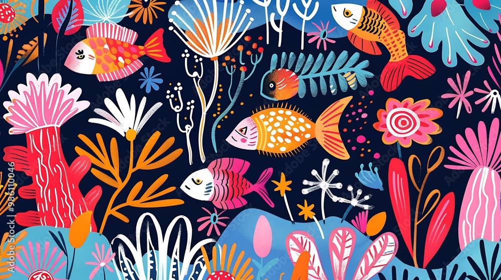 Fototapeta premium Colorful Fish and Flowers Illustration