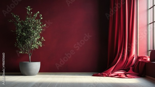 A room with flowing, floor-length curtains in a bold, rich color, adding a dramatic flair to the interior design. photo