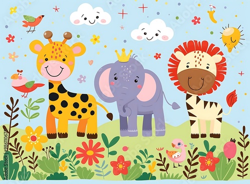 Cute Cartoon Animals in a Green Meadow with Flowers photo