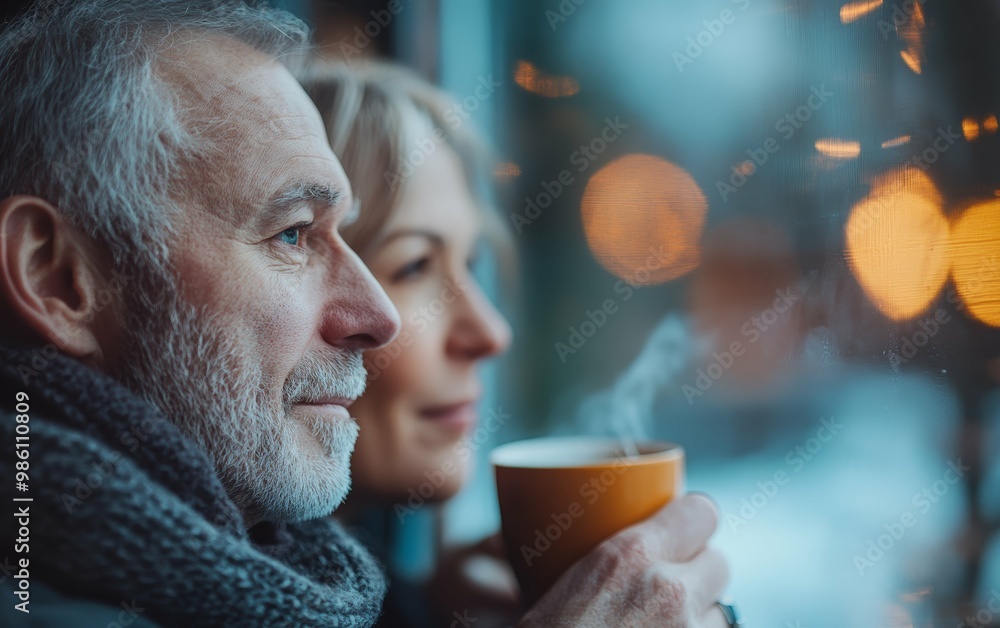 A close-up of an elderly couple enjoying coffee together, their faces lit up with joy as they gaze out the window at a winter scene. A close-up of an elderly couple enjoying coffee together, their faces lit up with joy as they gaze out the window at a winter scene.