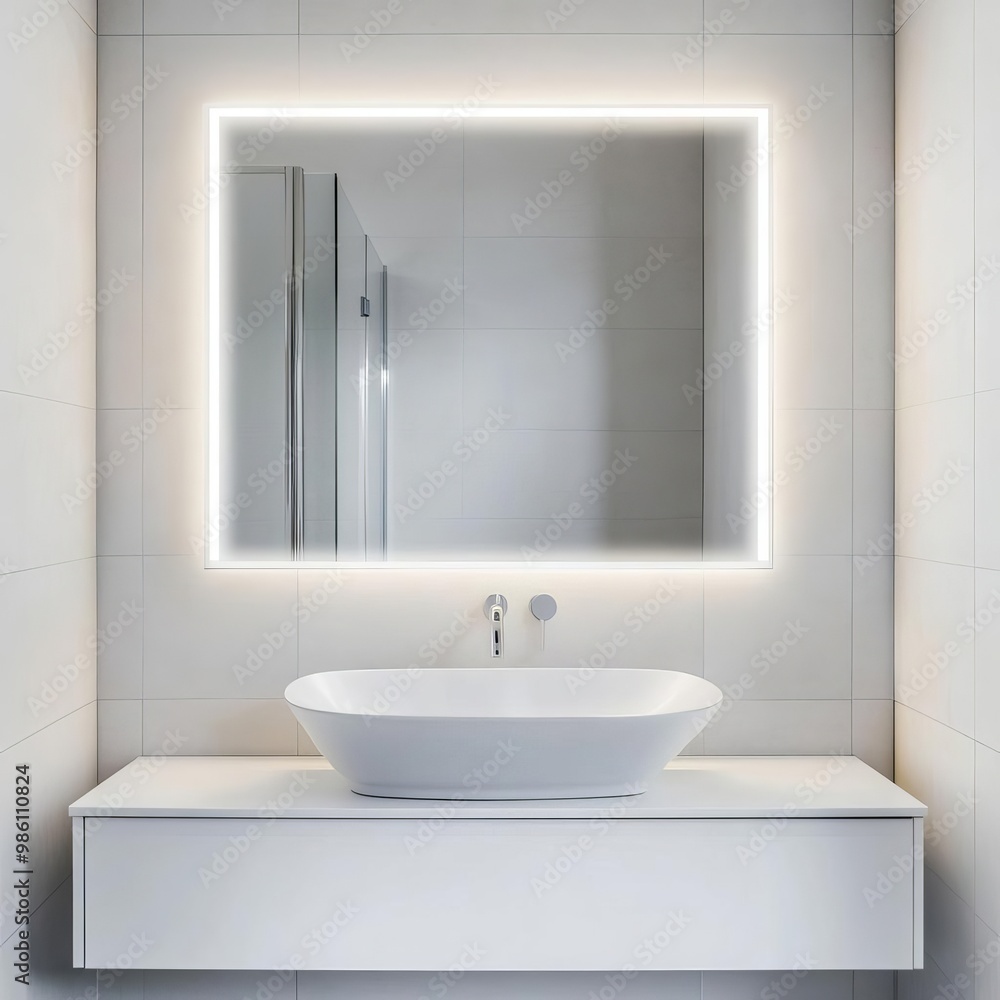 Fototapeta premium Frameless mirror with integrated LED lighting in a clean, white bathroom, minimalist bathroom mirror, modern simplicity