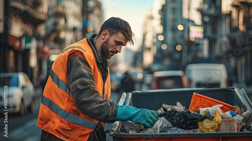 A sanitation worker in a safety vest and gloves, collecting waste on a busy street, promoting safety in urban environments.