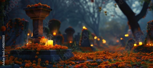 Día de los Muertos Cemetery Scene with Marigold Petals, Candles, and Families Sharing Memories