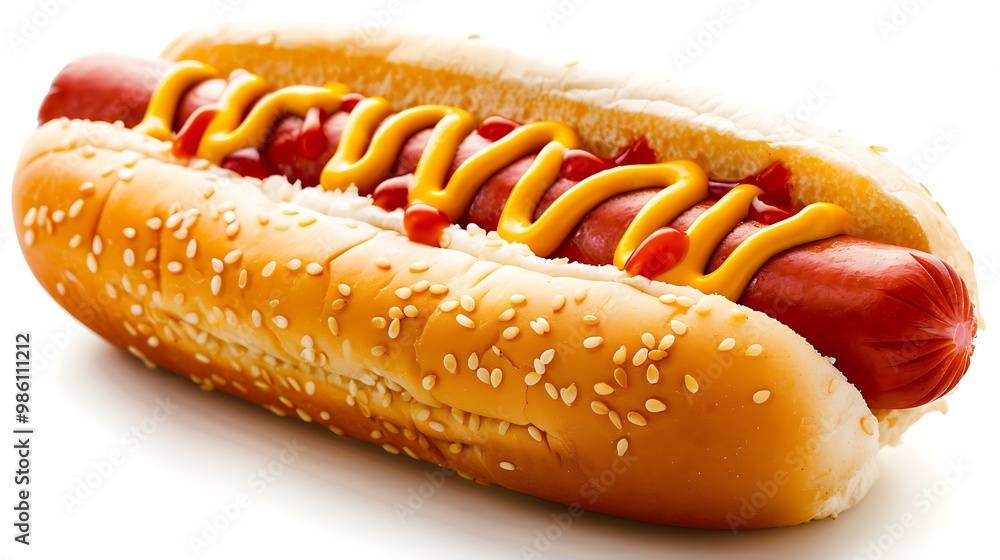 Hot dog with mustard and ketchup on a white background Hot dog with mustard and ketchup on a white background