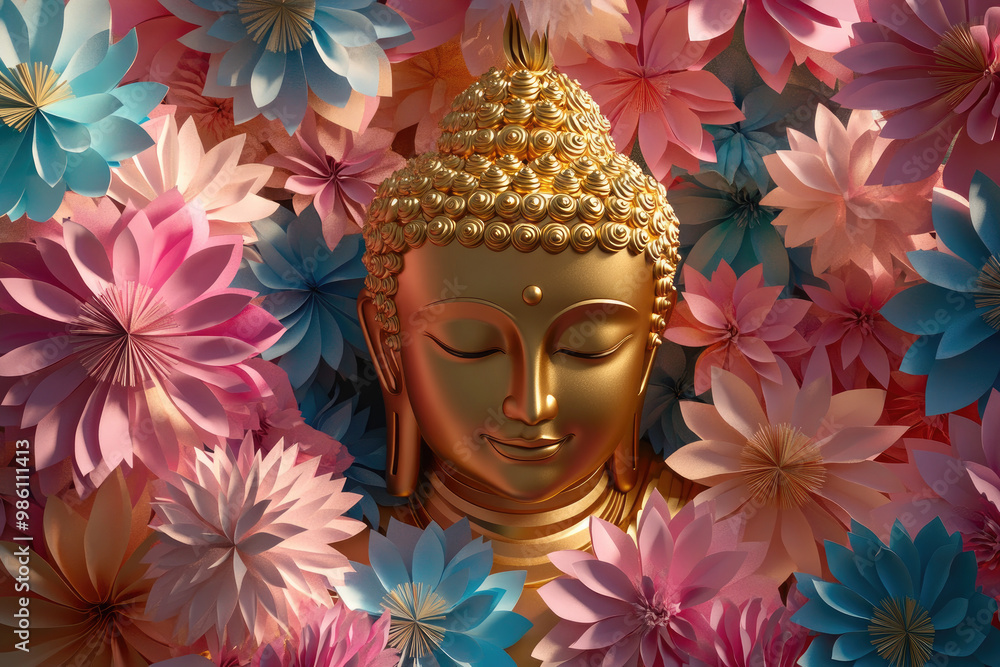 A golden Buddha head surrounded by colorful pink and blue paper-cut flowers, set against a natural background with heavenly light A golden Buddha head surrounded by colorful pink and blue paper-cut flowers, set against a natural background with heavenly light
