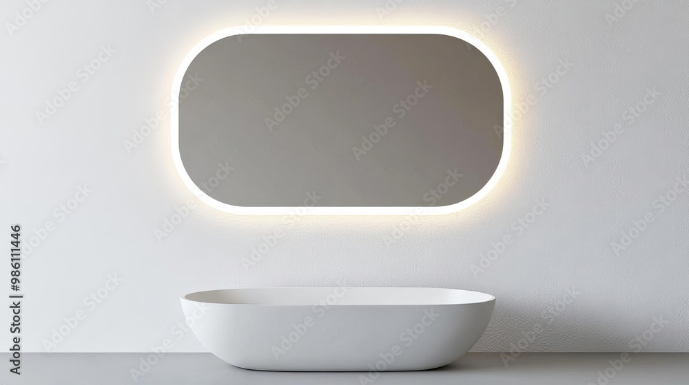 Frameless oval mirror with built-in lighting in a white minimalist bathroom, minimalist bathroom mirror, clean elegance Frameless oval mirror with built-in lighting in a white minimalist bathroom, minimalist bathroom mirror, clean elegance