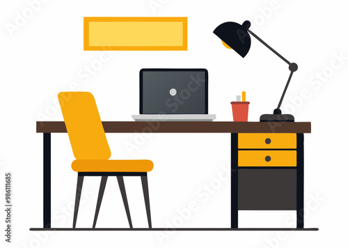 office Desk with laptop lamp and chair vector illustration