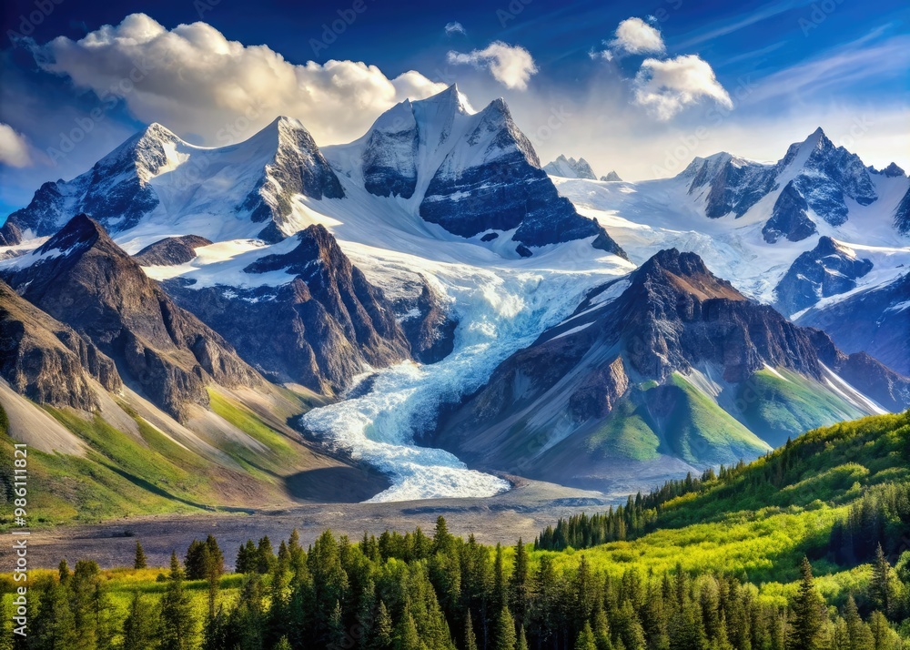 Obraz premium Towering Rocky Mountains stand tall, their snow-covered peaks and frozen glaciers shimmering brightly against a cloudless blue expanse of sky.