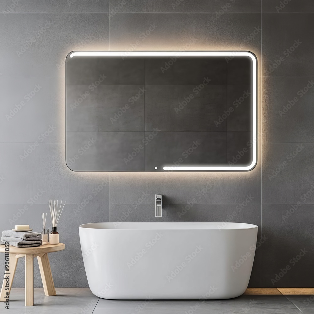 Fototapeta premium Frameless rectangular mirror with built-in lighting above a white vanity, minimalist bathroom mirror, sleek modern design