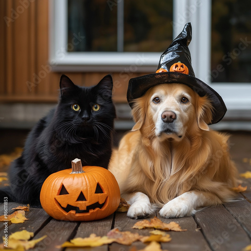 A cat and dog wear hat Halloween 