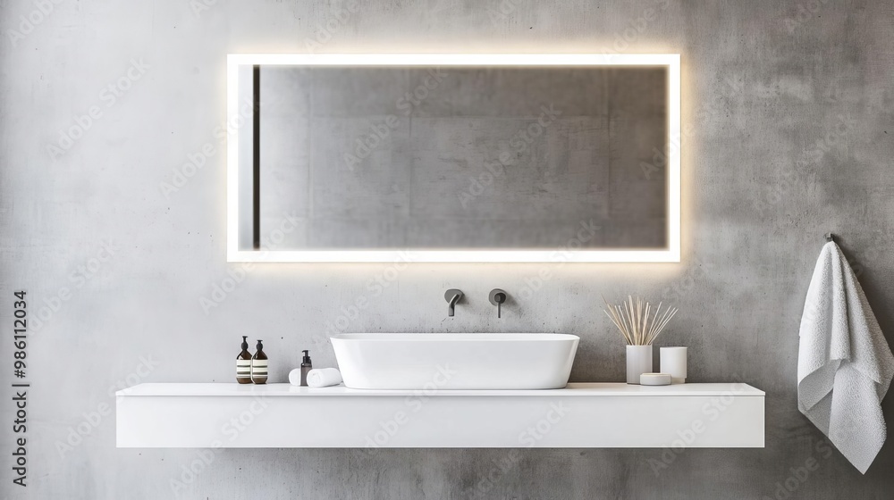 Fototapeta premium Frameless rectangular mirror with integrated lighting in a beige minimalist bathroom, minimalist bathroom mirror, warm elegance