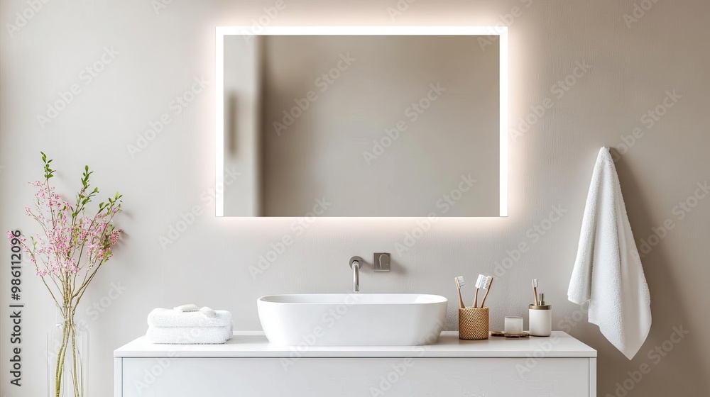 Frameless rectangular mirror with integrated lighting in a beige minimalist bathroom, minimalist bathroom mirror, warm elegance Frameless rectangular mirror with integrated lighting in a beige minimalist bathroom, minimalist bathroom mirror, warm elegance