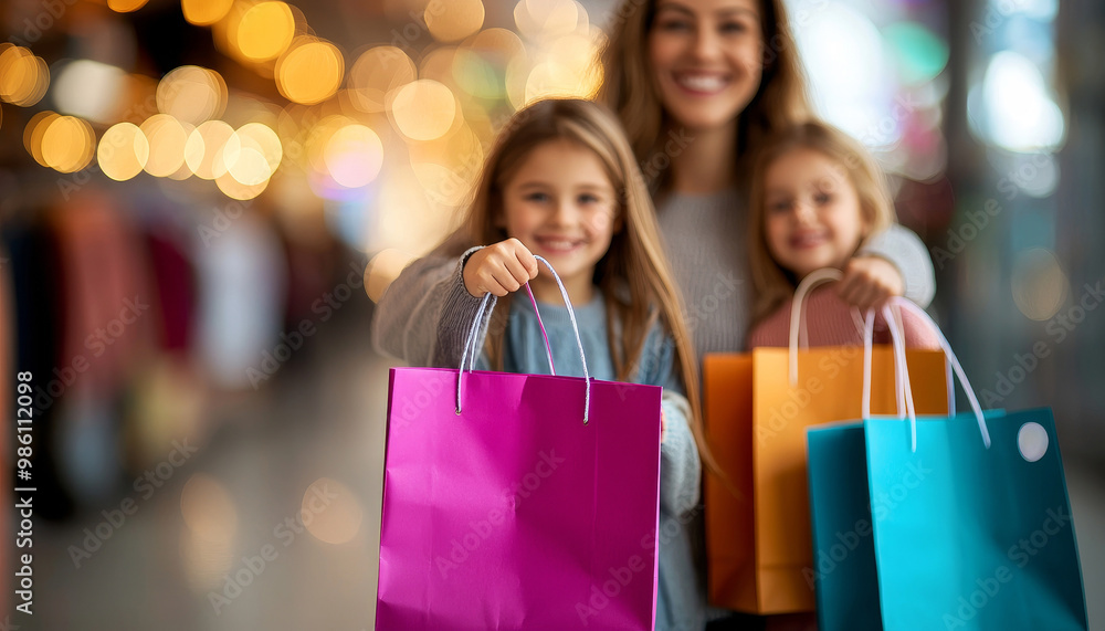 Happy family holding a shopping bag with customer service stickers, symbolizing great retail experience Happy family holding a shopping bag with customer service stickers, symbolizing great retail experience