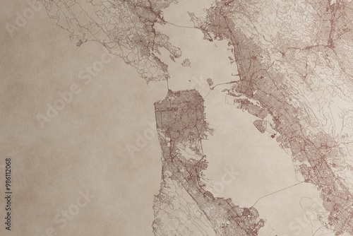 Photography Map of San Francisco (California, USA) on an old vintage sheet of paper