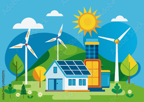 Renewable energy sources windmill solar panels vector illustration