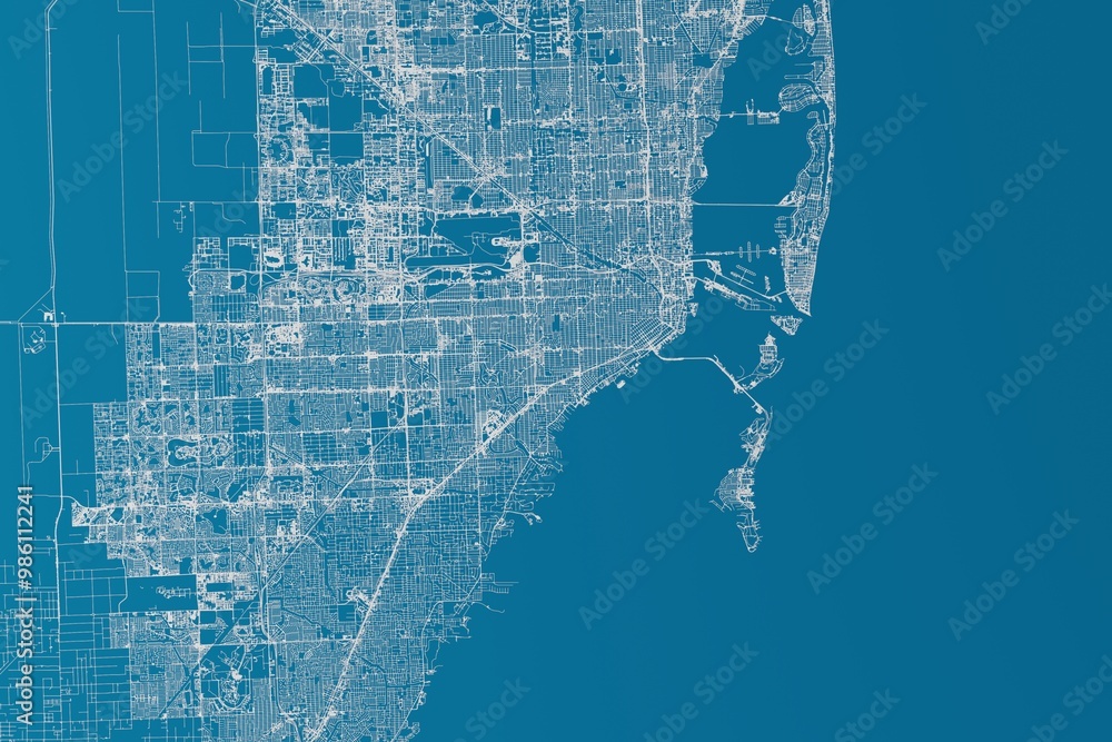Obraz premium Map of the streets of Miami (Florida, USA) made with white lines on blue background. 3d render, illustration