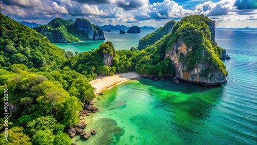 Tranquil Ton Sai Beach features crystal-clear waters and lush green cliffs, all set against a vivid blue sky, creating a picturesque tropical paradise.