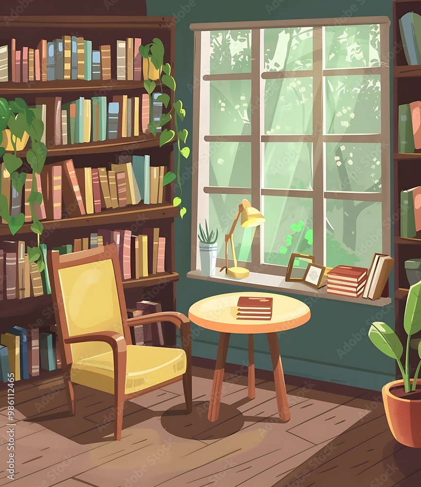 Cozy Reading Corner with Bookshelves, Armchair and Table in a Room with Window Cozy Reading Corner with Bookshelves, Armchair and Table in a Room with Window