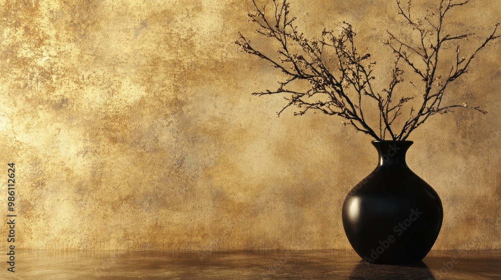 A black vase with dried branches on a textured golden background. A black vase with dried branches on a textured golden background.