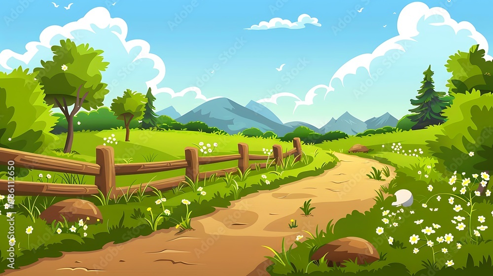 Fototapeta premium Cartoon Summer Landscape With Wooden Fence and Winding Path