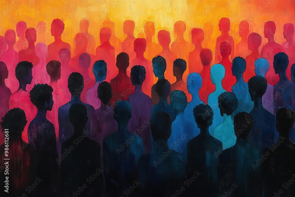 stylized illustration of diverse crowd abstract figures in array of colors overlapping silhouettes creating sense of unity movement and community in modern graphic style stylized illustration of diverse crowd abstract figures in array of colors overlapping silhouettes creating sense of unity movement and community in modern graphic style