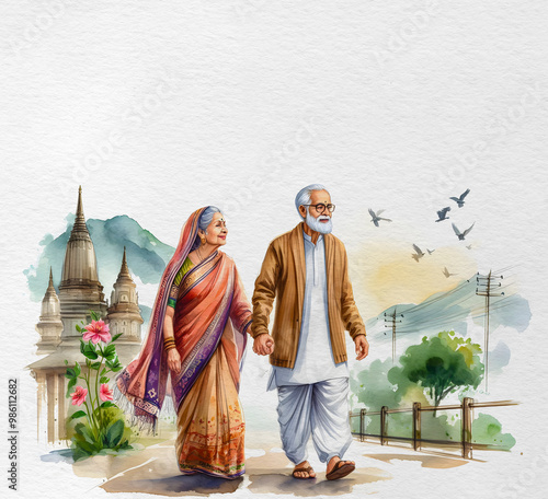 Watercolour Illustration of Indian Elderly Couple Walking with Love and Affection for Each Other. 1st October - International Day of Older Persons.