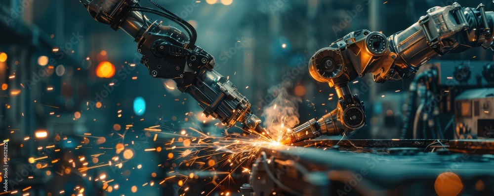 Industrial robotic arm welding metal with sparks in a factory setting. Industrial robotic arm welding metal with sparks in a factory setting.