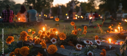 Dia de los Muertos Cemetery with Candlelit Graves and Marigolds at Sunset