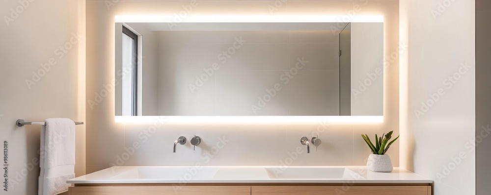 Large rectangular mirror with soft lighting in a minimalist bathroom, minimalist bathroom mirror, sleek simplicity Large rectangular mirror with soft lighting in a minimalist bathroom, minimalist bathroom mirror, sleek simplicity