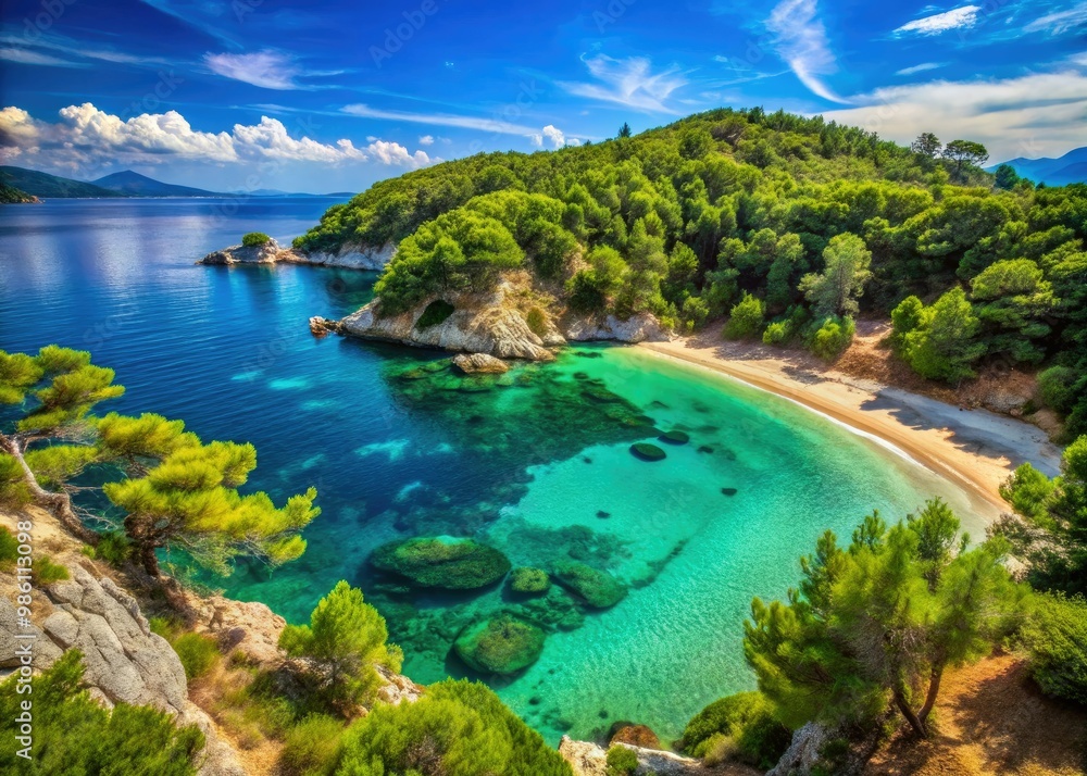Turquoise waters lap gently at the shore of Skiathos' scenic beach, where lush greenery meets the blue sky, completing a picturesque Greek island scene. Turquoise waters lap gently at the shore of Skiathos' scenic beach, where lush greenery meets the blue sky, completing a picturesque Greek island scene.