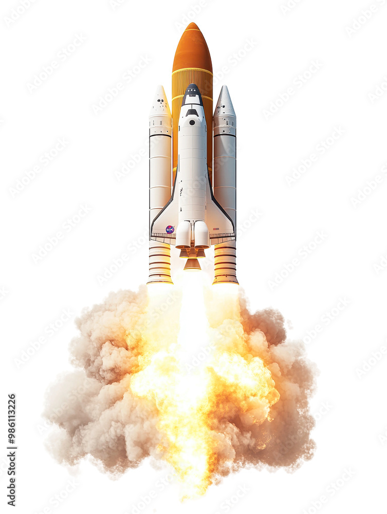 Fototapeta premium Rocket launching with flames and smoke at liftoff isolated on transparent background