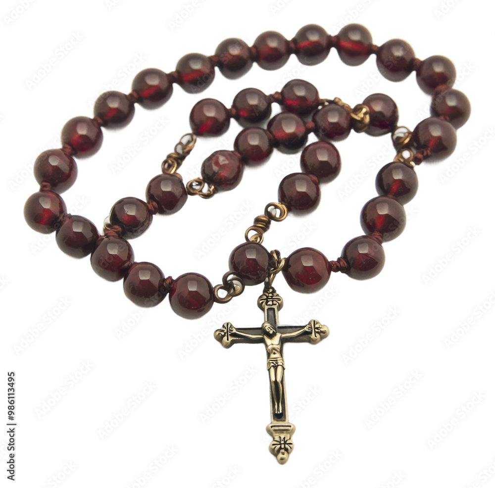 Elegant burgundy rosary with gold crucifix pendant isolated on transparent background Elegant burgundy rosary with gold crucifix pendant isolated on transparent background