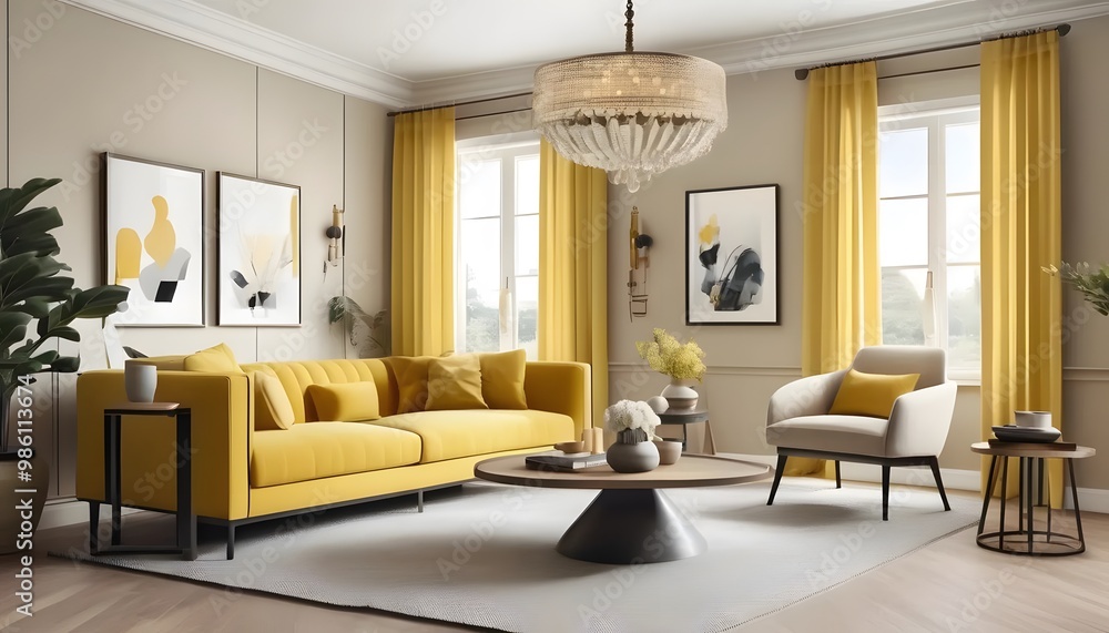 Fototapeta premium Chic and Inviting: An Elegant Modern Living Room Enhanced with Radiant Yellow Accents