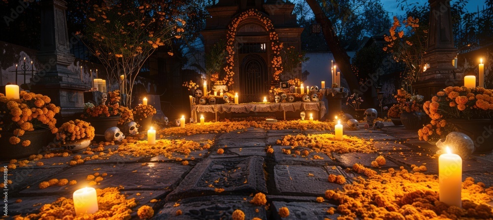 Dia de los Muertos Altar in Quiet Cemetery with Marigold Petals and Candlelight for Family Gatherings Dia de los Muertos Altar in Quiet Cemetery with Marigold Petals and Candlelight for Family Gatherings