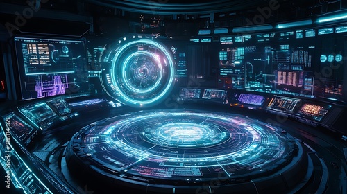 Futuristic control room interior with glowing blue interface and digital displays.