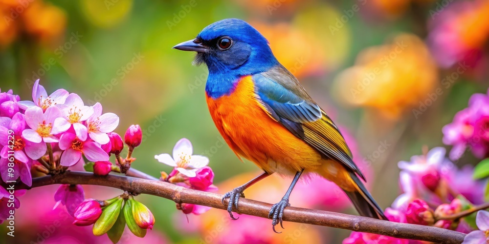 Vibrant blue and orange bird perched on a colorful branch in a blooming garden Vibrant blue and orange bird perched on a colorful branch in a blooming garden
