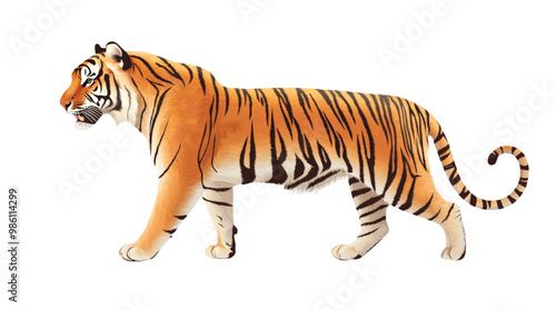 A powerful tiger with striking orange fur and black stripes, struts confidently, symbolizing the strength, grace and unbridled beauty of the jungle. Transparent isolated background. photo