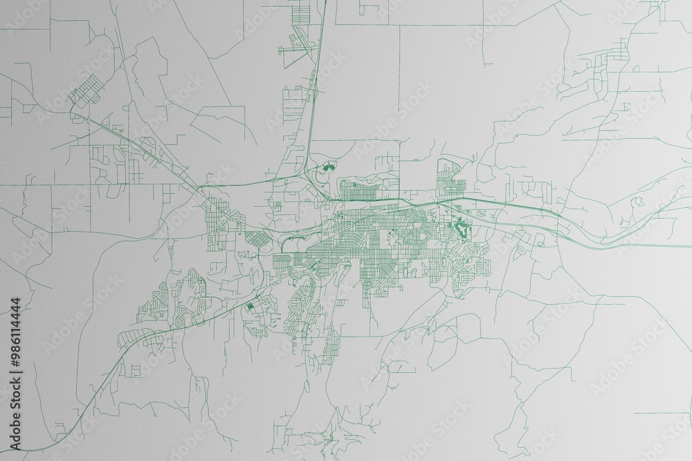 Fototapeta premium Map of the streets of Casper (Wyoming, USA) made with green lines on white paper. 3d render, illustration