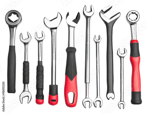 Essential set of hand tools for mechanical work isolated on transparent background photo