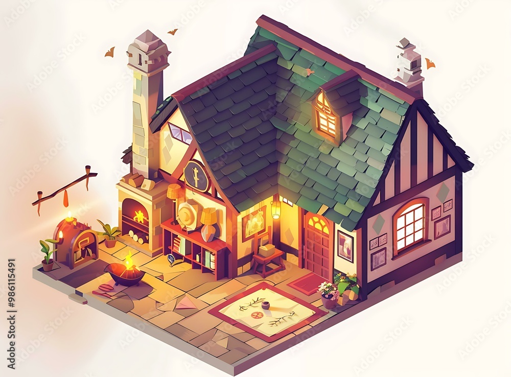 Naklejka premium Cozy Isometric House Illustration With Fireplace And Bookshelf