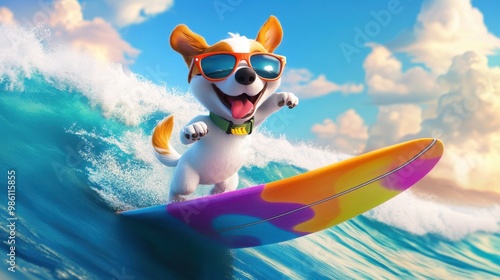 Wallpaper Mural A 3D cartoon dog surfing on a big wave, with sunglasses on and a wide grin, balancing perfectly on a colorful surfboard Torontodigital.ca