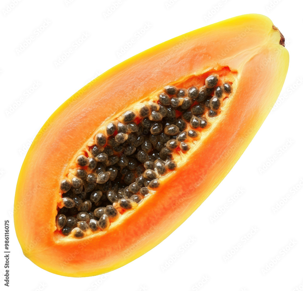 Freshly cut papaya revealing its vibrant flesh isolated on transparent background Freshly cut papaya revealing its vibrant flesh isolated on transparent background