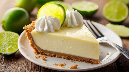 Refreshing Key Lime Pie: Creamy lime filling inside golden graham cracker crust, topped with whipped cream. Mix of tangy and sweet for delightful dessert