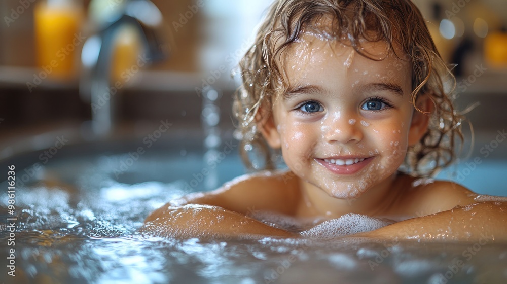 Happy child enjoying a bubbly bath with a joyful smile. Happy child enjoying a bubbly bath with a joyful smile.
