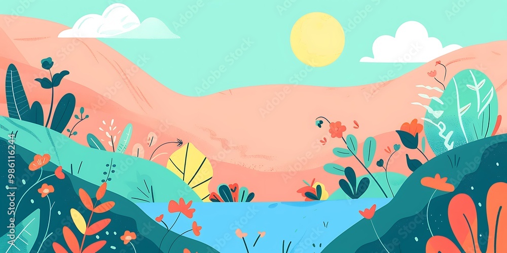 Fototapeta premium Colorful Spring Landscape With Flowers and River